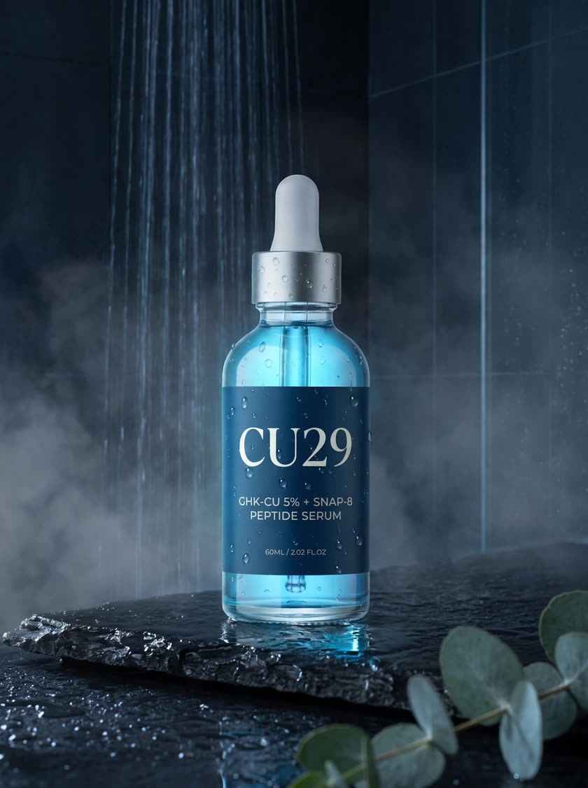 CU29 bottle on a wet slate ledge in a spa setting